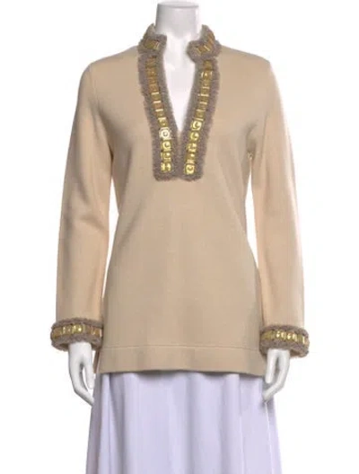 Pre-owned Tory Burch Wool V-neck Sweater In Neutral