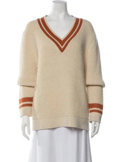 Pre-owned Tory Burch Wool V-neck Sweater In White