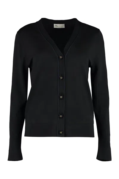 Tory Burch Wool-blend Cardigan With Logo Detail Buttons In Black