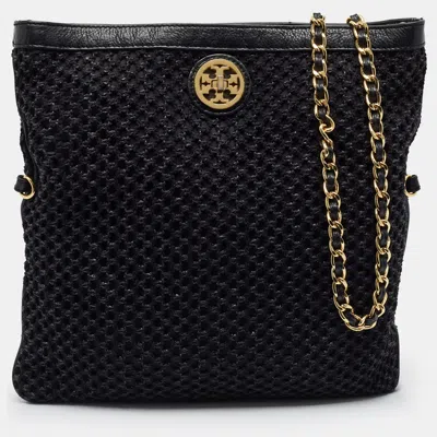 Pre-owned Tory Burch Woven Chain Black Fabric And Leather Tote