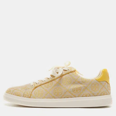 Pre-owned Tory Burch Yellow Jacquard And Leather T Monogram Lace Up Sneakers Size 40.5