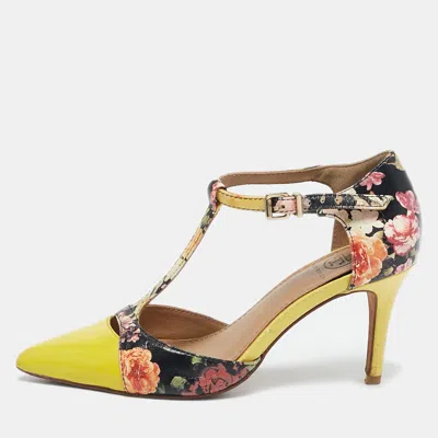 Pre-owned Tory Burch Yellow Patent Leather Floral Print T-strap Pointed Toe Pumps Size 36 In Metallic