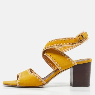 Pre-owned Tory Burch Yellow Raffia And Suede Ankle Strap Sandals Size 40