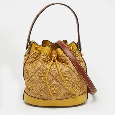 Pre-owned Tory Burch Yellow/beige Leather And Raffia T Monogram Bucket Bag