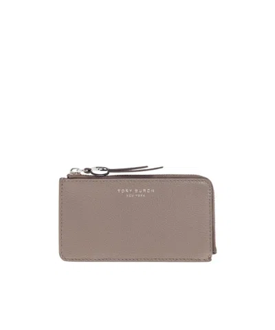 Tory Burch Zip Leather Cardholder In Gray