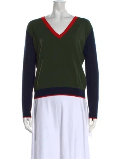 Pre-owned Tory Sport Colorblock Pattern V-neck Sweater In Green