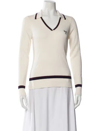 Pre-owned Tory Sport Merino Wool V-neck Sweater In White