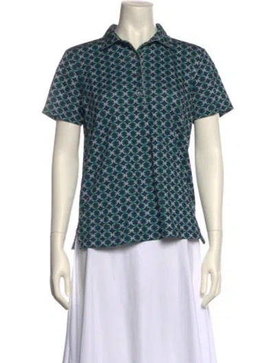 Pre-owned Tory Sport Printed Short Sleeve Button-up Top In Blue