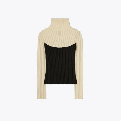 Tory Sport Tory Burch Colorblock Turtleneck Sweater In Sesame/black
