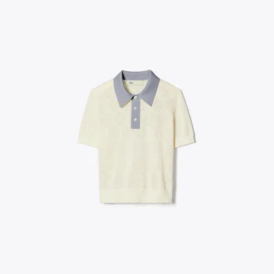 Tory Sport Tory Burch Cotton Pointelle Logo Polo In New Ivory/lilac Whisper