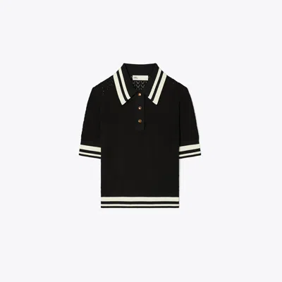 Tory Sport Tory Burch Cotton Pointelle Polo In Black/new Ivory