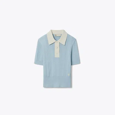 Tory Sport Tory Burch Cotton Pointelle Polo Sweater In Fresh Blue/new Ivory