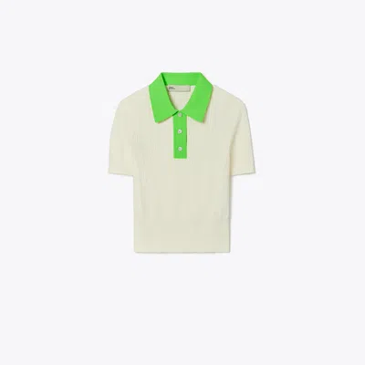 Tory Sport Tory Burch Cotton Pointelle Polo Jumper In New Ivory/vibrant Green