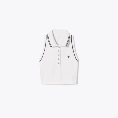 Tory Sport Tory Burch Cropped Piqué Polo Tank In Snow White/tory Navy