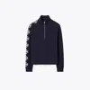 Tory Sport Tory Burch French Terry Logo Sleeve Half-zip Sweatshirt In Medium Navy