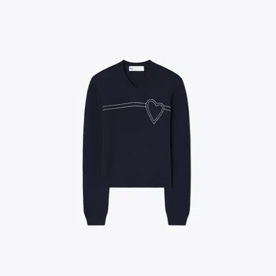 Tory Sport Tory Burch Heart Pick Stitch Cashmere Sweater In Blue