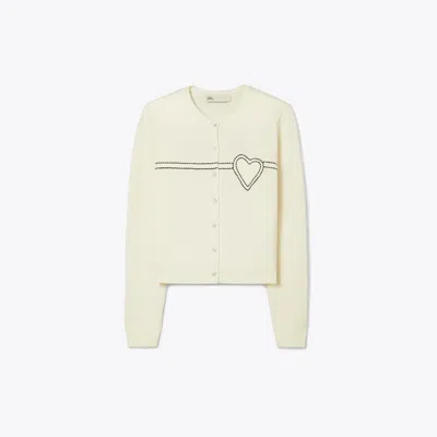 Tory Sport Tory Burch Heart Pickstitch Cashmere Cardigan In New Ivory