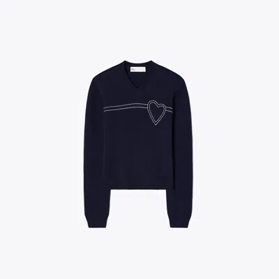 Tory Sport Tory Burch Heart Pickstitch Cashmere Sweater In Tory Navy/new Ivory