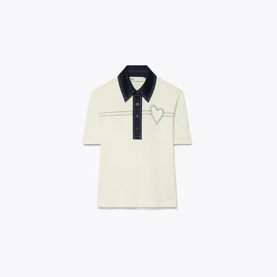 Tory Sport Tory Burch Heart Pickstitch Cotton Polo In New Ivory/tory Navy