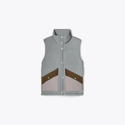 Tory Sport Tory Burch Reflective Colorblock Down Vest In Reflective Silver