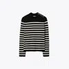 Tory Sport Tory Burch Snap Shoulder Striped Sweater In Black/new Ivory