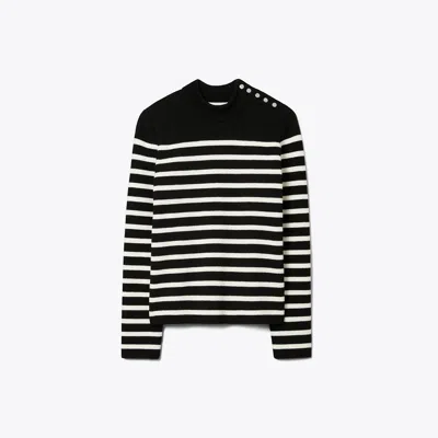Tory Sport Tory Burch Snap Shoulder Striped Sweater In Black/new Ivory