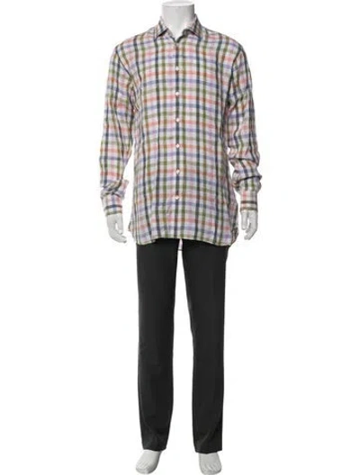 Pre-owned Toscana Linen Plaid Print Dress Shirt In Multicolor