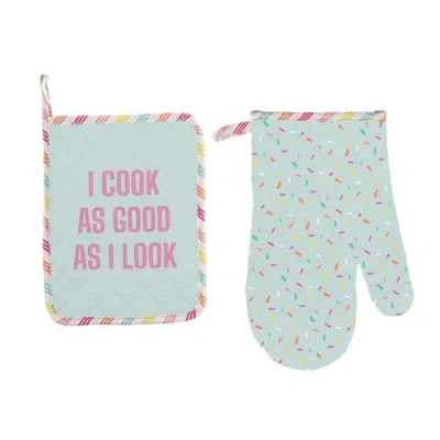 Totalee Gift As I Look Pot Holder & Oven Mitt Set Of 2 Cotton Blue In Metallic