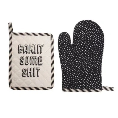Totalee Gift Bakin' Pot Holder & Oven Mitt Set Of 2 Cotton Black In Gray