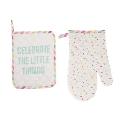 Totalee Gift Celebrate Pot Holder & Oven Mitt Set Of 2 Cotton White