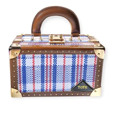 Tote London Women's Blue  Esinam Plaid Upcycled Mini Trunk Handbag With Gold Studs In Multi