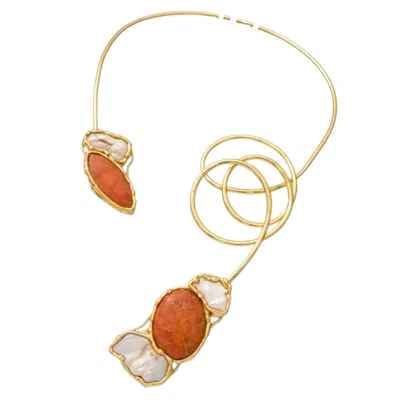 Tote London Women's Gold / Neutrals  Pearl And Coral Twist Statement Neck Cuff Necklace