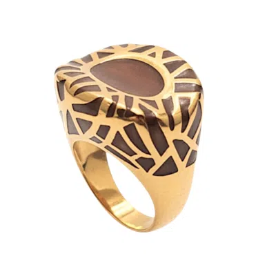 Tote London Women's  Brown Art Deco Pattern Statement Signet Ring Artisanal, Design-led, Premium Ring