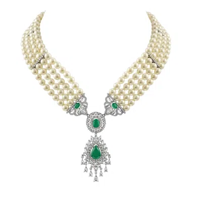 Tote London Women's  Jade Green Rhine Stone Layered Pearl Necklace With Earrings In Neutral