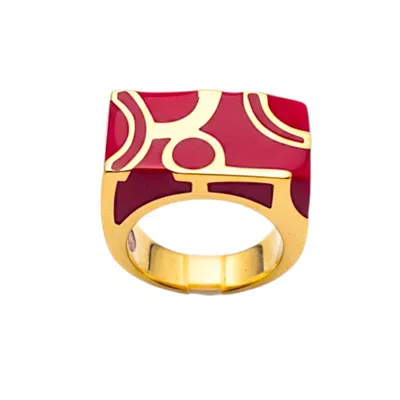 Tote London Women's  Red Enamel Art Deco Ring With Geometric Gold Inlay