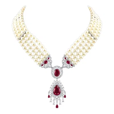 Tote London Women's  Red Rhine Stone Pendant And Layered Pearl Necklace With Earrings Set In Yellow