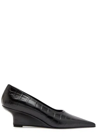 Totême Toteme 55 Crocodile-effect Leather Wedge Pumps In Black