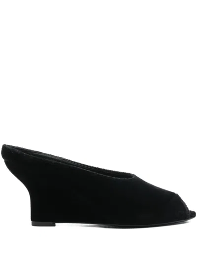 Totême 75mm Peep-toe Velvet Wedge Sandals In Black