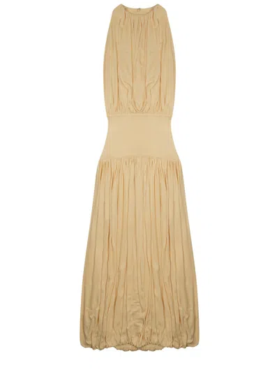 Totême Draped Midi Dress With Gathered Bodice And Bubble Hem In Brown