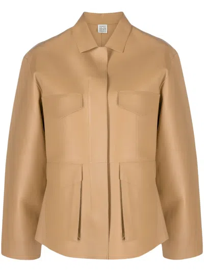 Totême Double-breasted Croc-effect Leather Blazer In Cashew