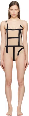 Totême Beige & Black Monogram Swimsuit In Monogram Print 910
