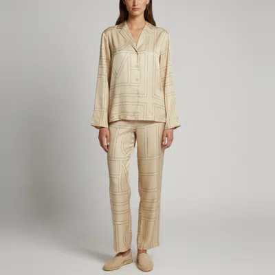 Pre-owned Totême Beige Monogram Embroidered Silk Oversized Fit Set Xs/m In Sand