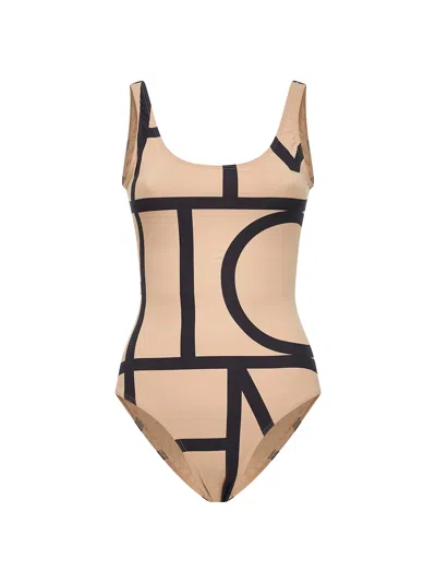 Totême Beige Stretch Jersey Monogram One-piece Swimsuit In Neutral