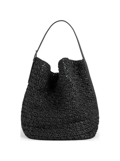 Totême Belted Leather-trimmed Raffia Tote Bag In Black