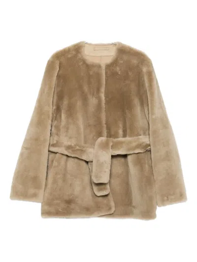 Totême Belted Shearling Jacket In Neutral