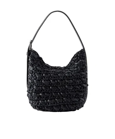 Totême Belted Small Leather-trimmed Raffia Shoulder Bag In Black