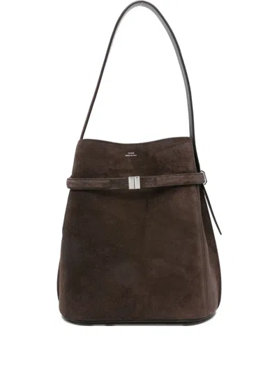 Totême Toteme Belted Suede Leather Bucket Bag In Brown