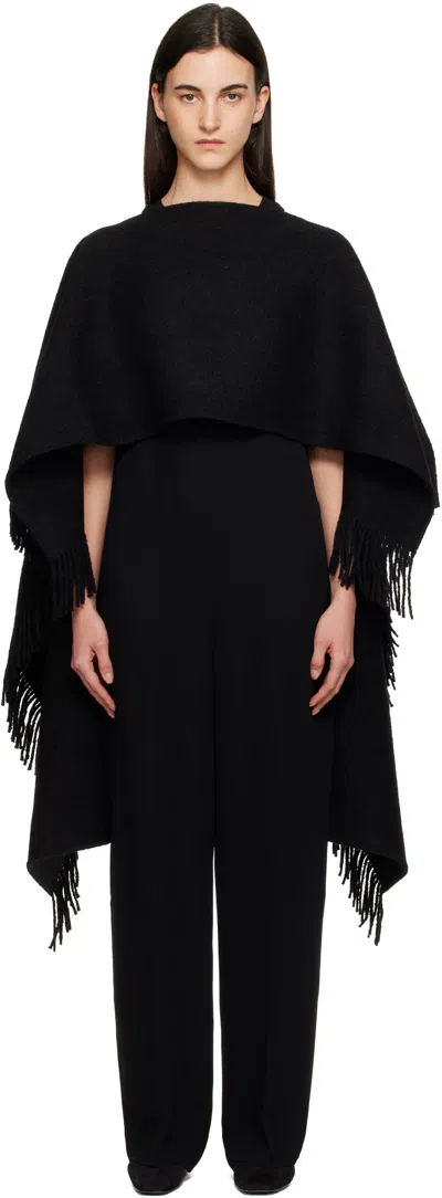 Totême Black Fringed Poncho Shawl