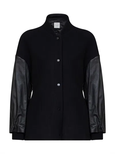 Totême Black Wool-blend Varsity Jacket With Leather Sleeves
