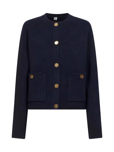 Totême Womens Navy Hammered Round-neck Stretch-wool Blend Cardigan Xs In Black